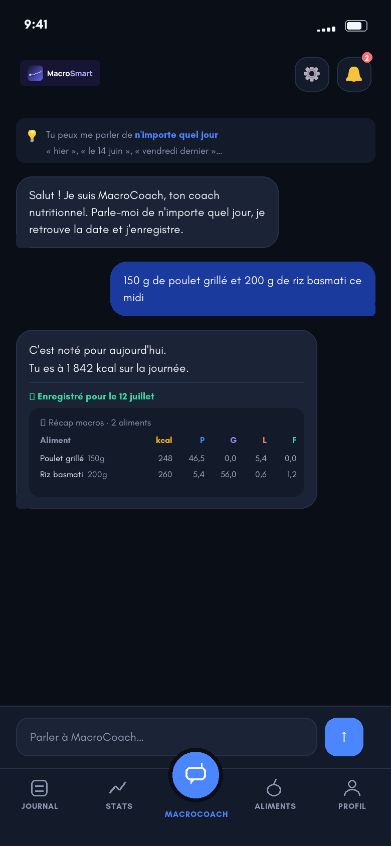 Écran MacroCoach : une phrase envoyée au coach, sa réponse et le récapitulatif des macros.