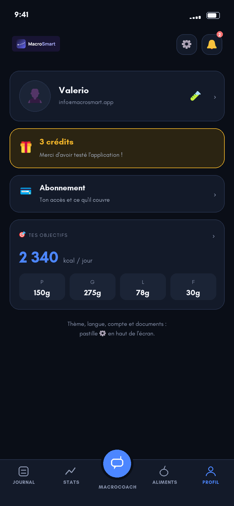 Écran Profil : compte, abonnement et objectifs quotidiens en calories et macronutriments.